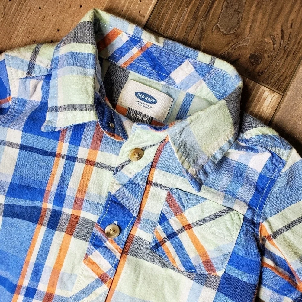 Old Navy Boys 12-18m Plaid Button Down Shirt Blue Orange EUC